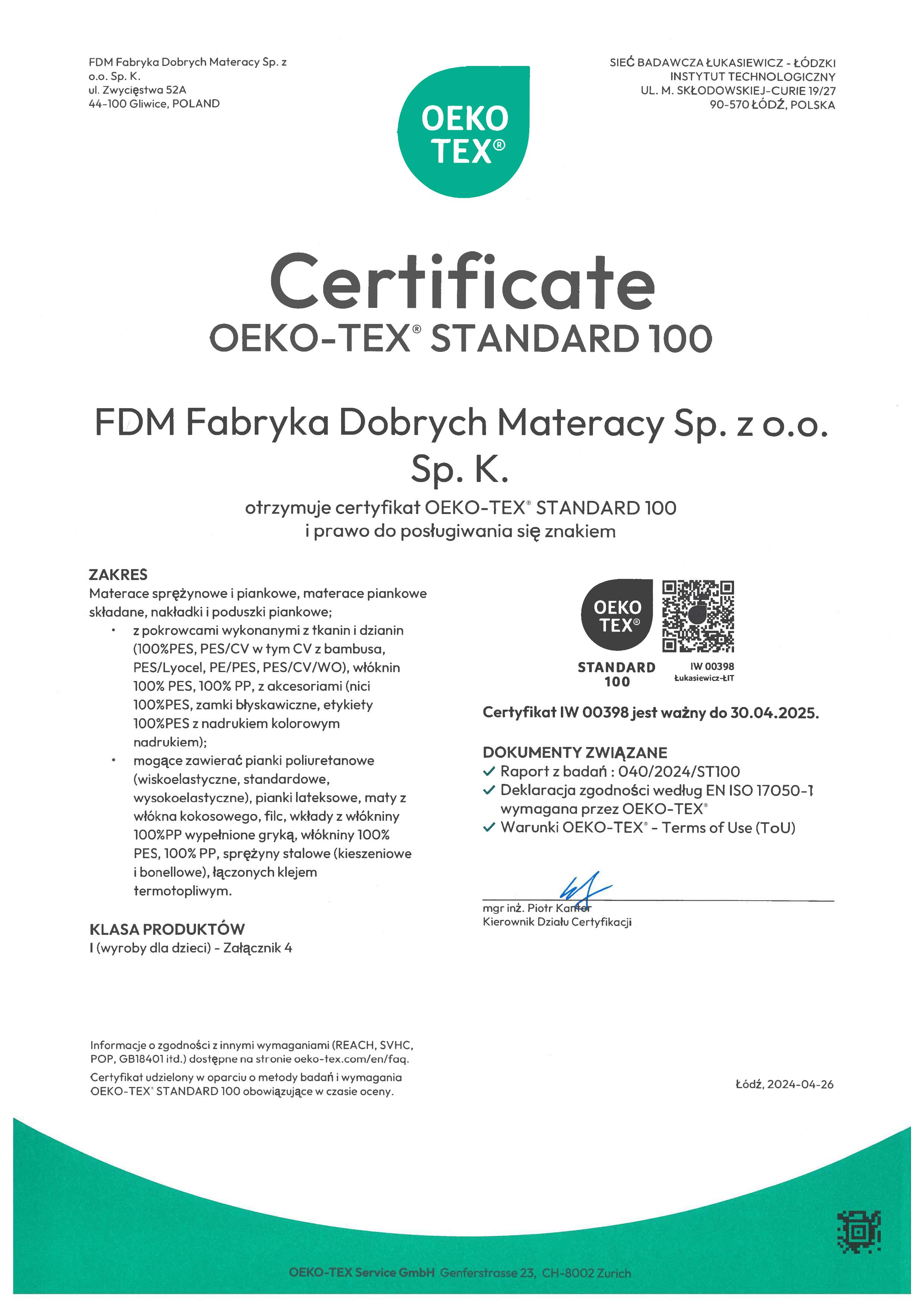 Certyfikat OEKO-TEX 2023 dla produktów FDM